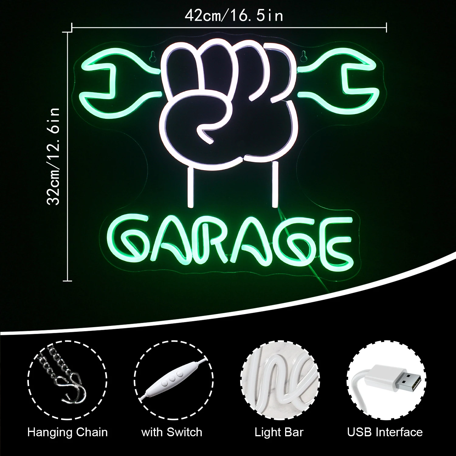 Garage Neon Sign Green White LED Neon Light Up Signs for Wall Decor USB Powered for Man Cave Garage Door Auto Repair Shop Neon