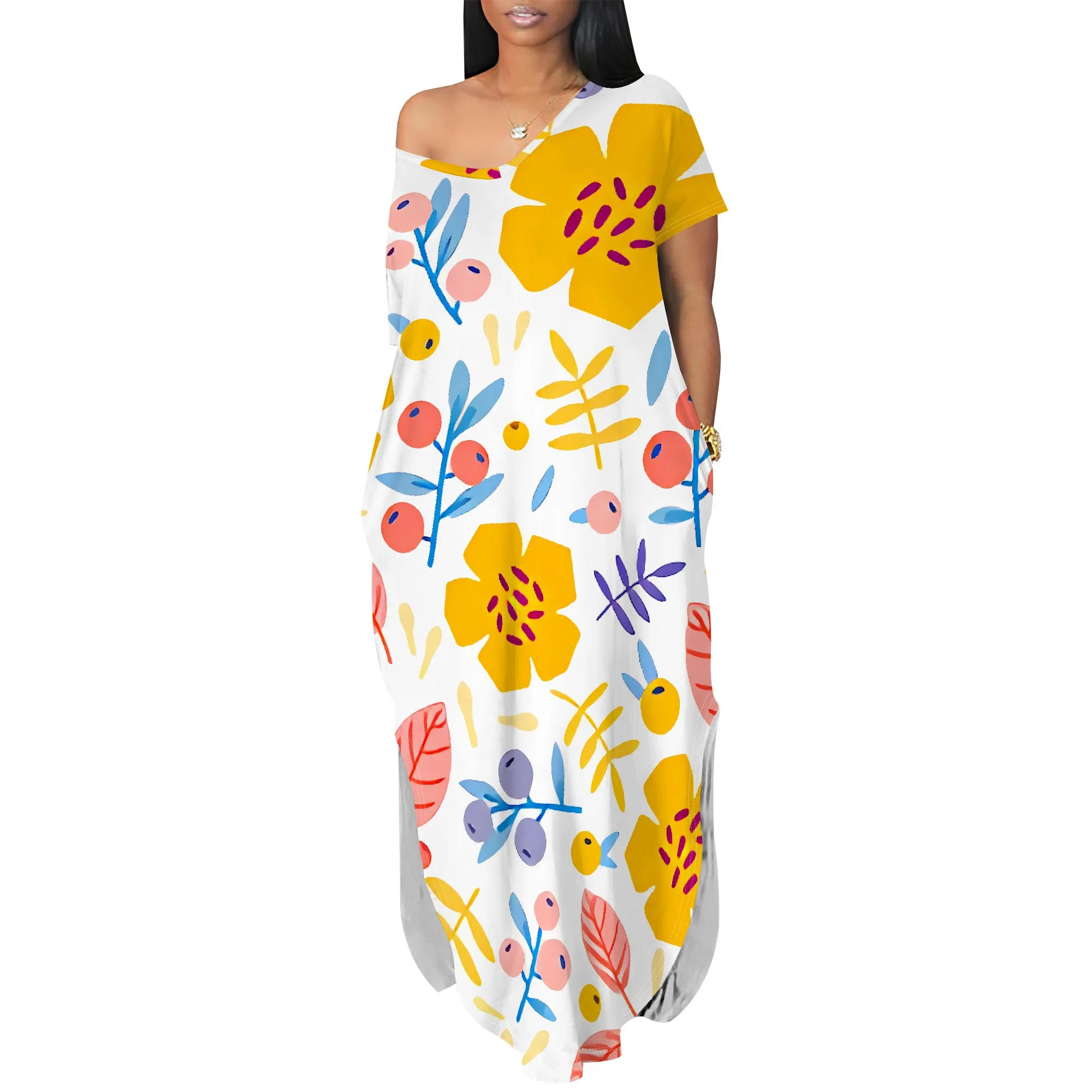 ชุดเดรสแม็กซี่เดรสไหล่เดียวลายดอกไม้สีสันสดใสฤดูร้อนลําลอง Boho Beachwear สําหรับผู้หญิง