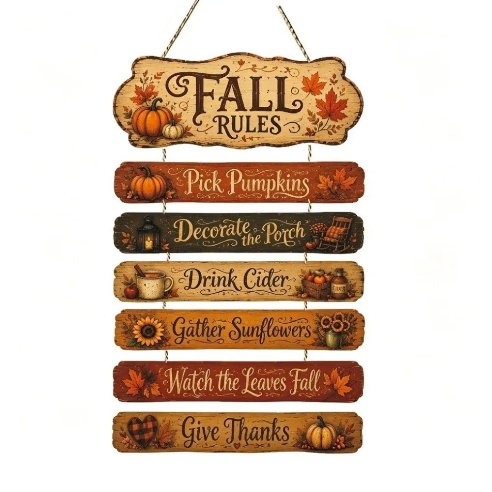 2D Flat Autumn Harvest Sign Halloween Decorative Fall Rules Wood Plaque Ornaments Wall Art Pumpkin Maple Hanging Decor Autumn