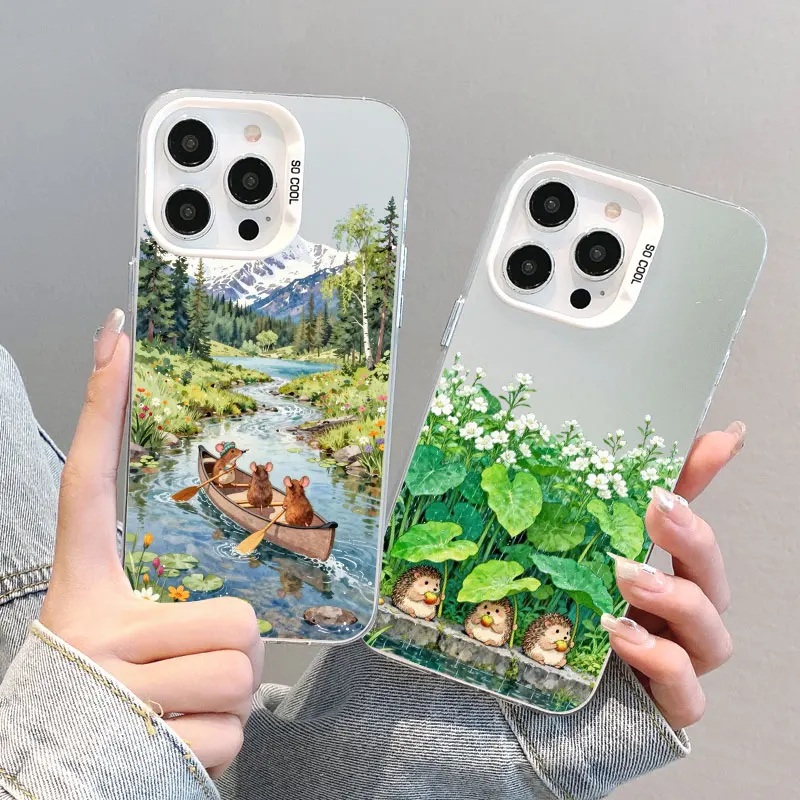 Cute Cartoon Animals Spring Outing Scene Laser Phone Case For Samsung Galaxy S25 S24 S23 S22 Ultra Plus S21 S23 S24 FE Covers