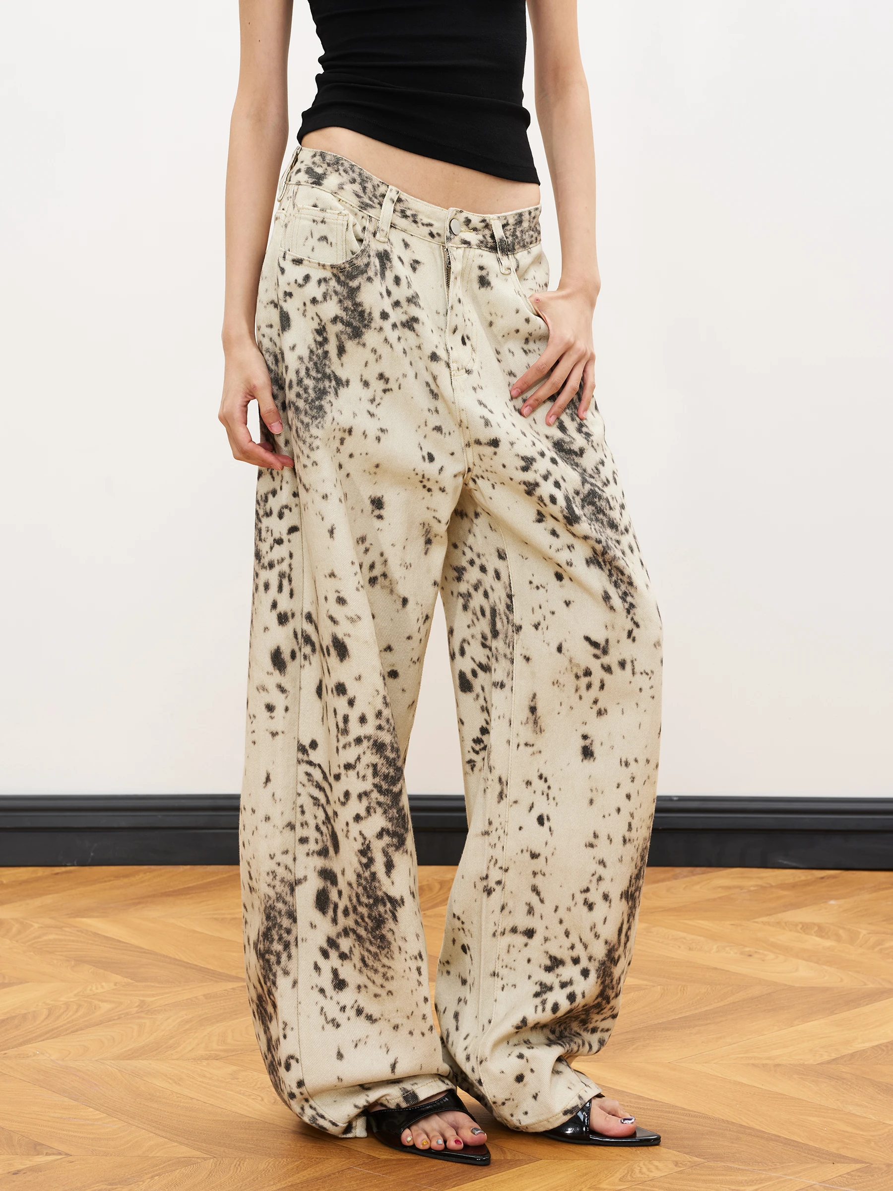 JUNECUT American Style Leopard Print Straight Leg Jeans Loose Wide Leg Hot Girl Pants Women's Jeans Summer Natural Waist