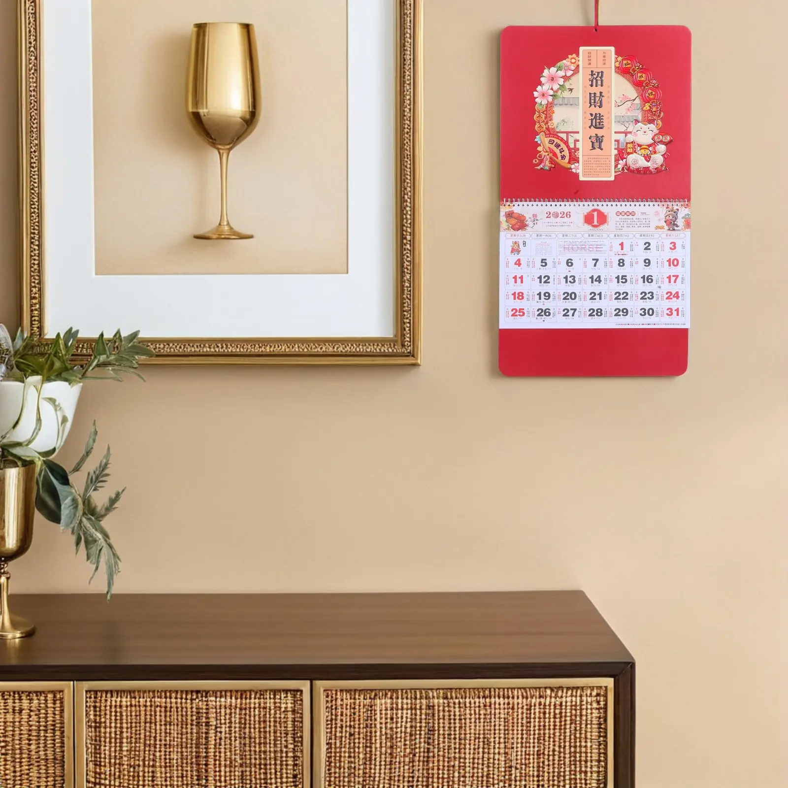 

2026 Year of Horse Wall Calendar Chinese New Year Hanging Scroll Red Monthly Planner for Home Office Decoration Lunar Organizer