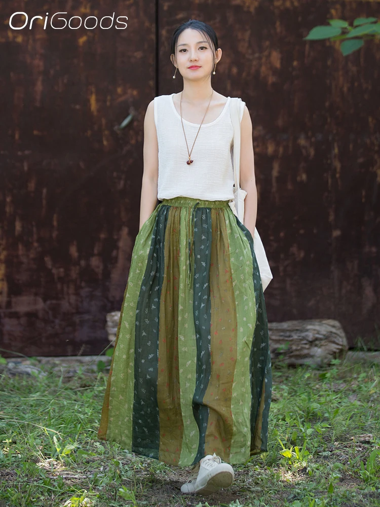 OriGoods Women Long Maxi Skirt 100% Pure Ramie Digital Print Casual A‑Line Skirt Elastic Waist Striped Flowy Long Skirt B387