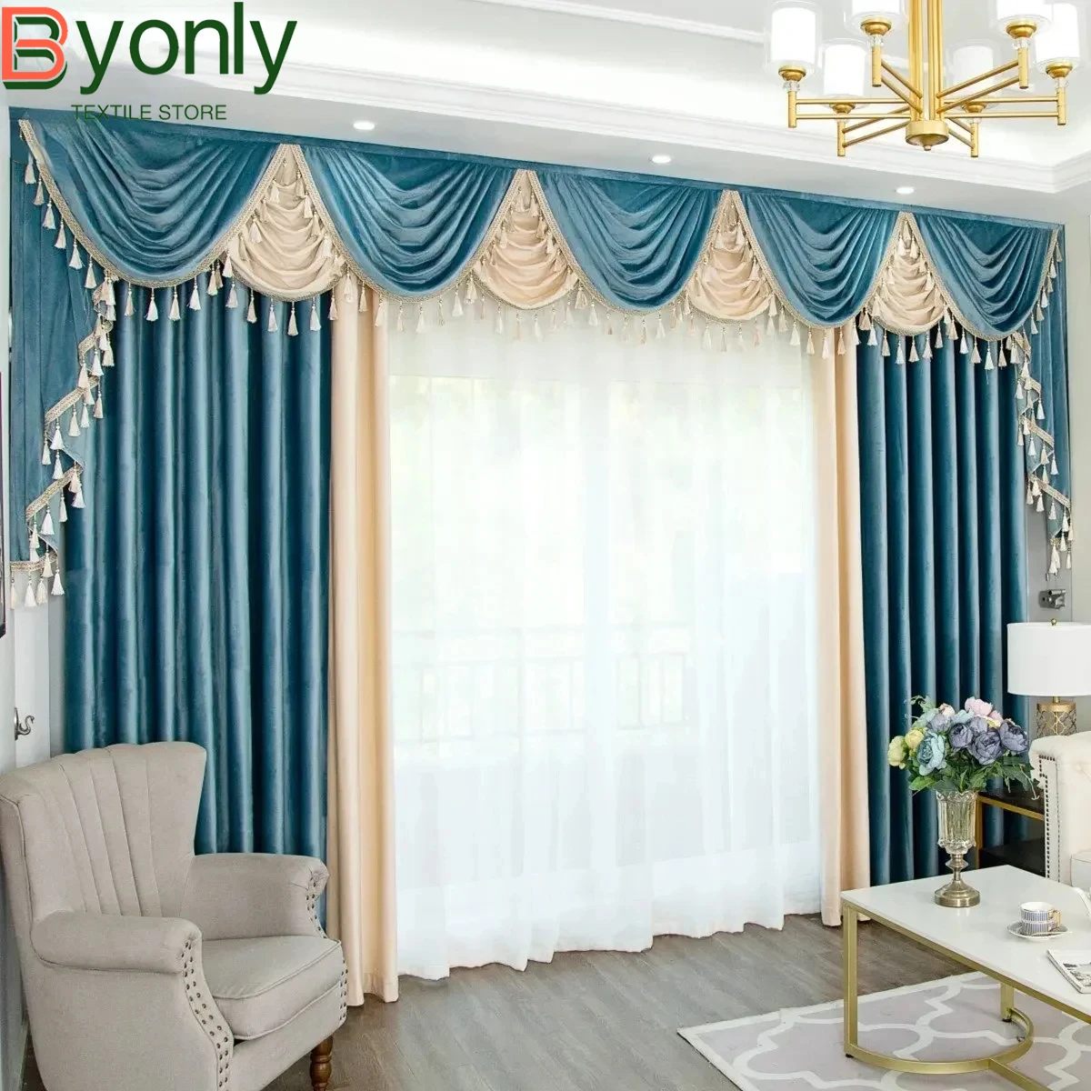 European-style Curtains for Living Dining Room Bedroom New Solid Color Elegance Stitching Blackout Velvet Villa Valance Window