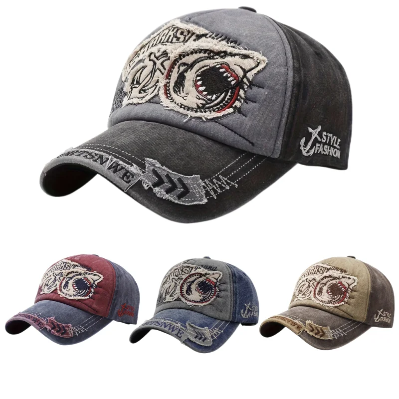 Men Women Retro Washed Distressed Baseball Hat, Shark Embroi