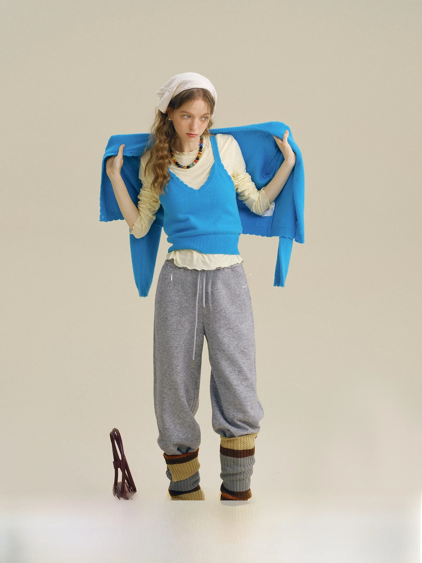 

Rina Berry Woolen Casual Knitted Pants Dstring Elastic Waist Simple Basic Autumn Loose Fit Ladies' Faion Footed Trousers