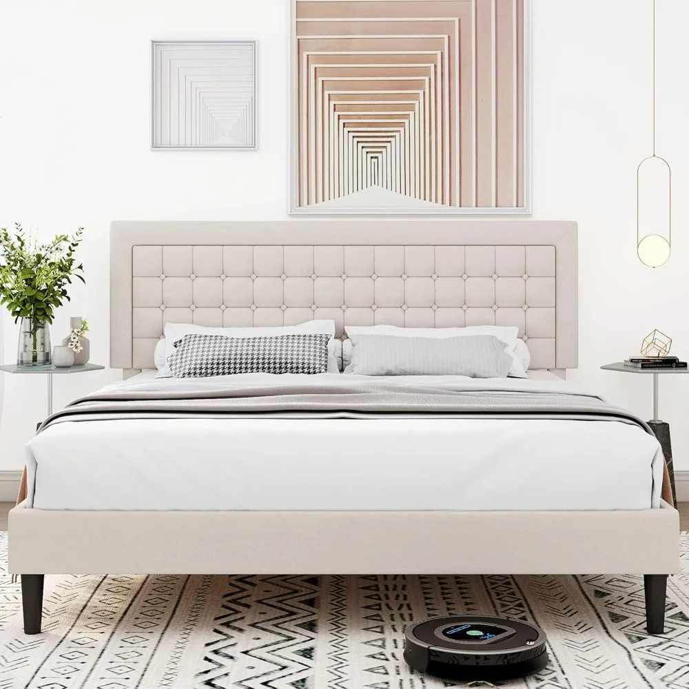 Queen Size Bed Frame, Queen Modern Soft Linen Upholstered Platform Bed with Button Tufted Adjustable Headboard /No Noise image 3