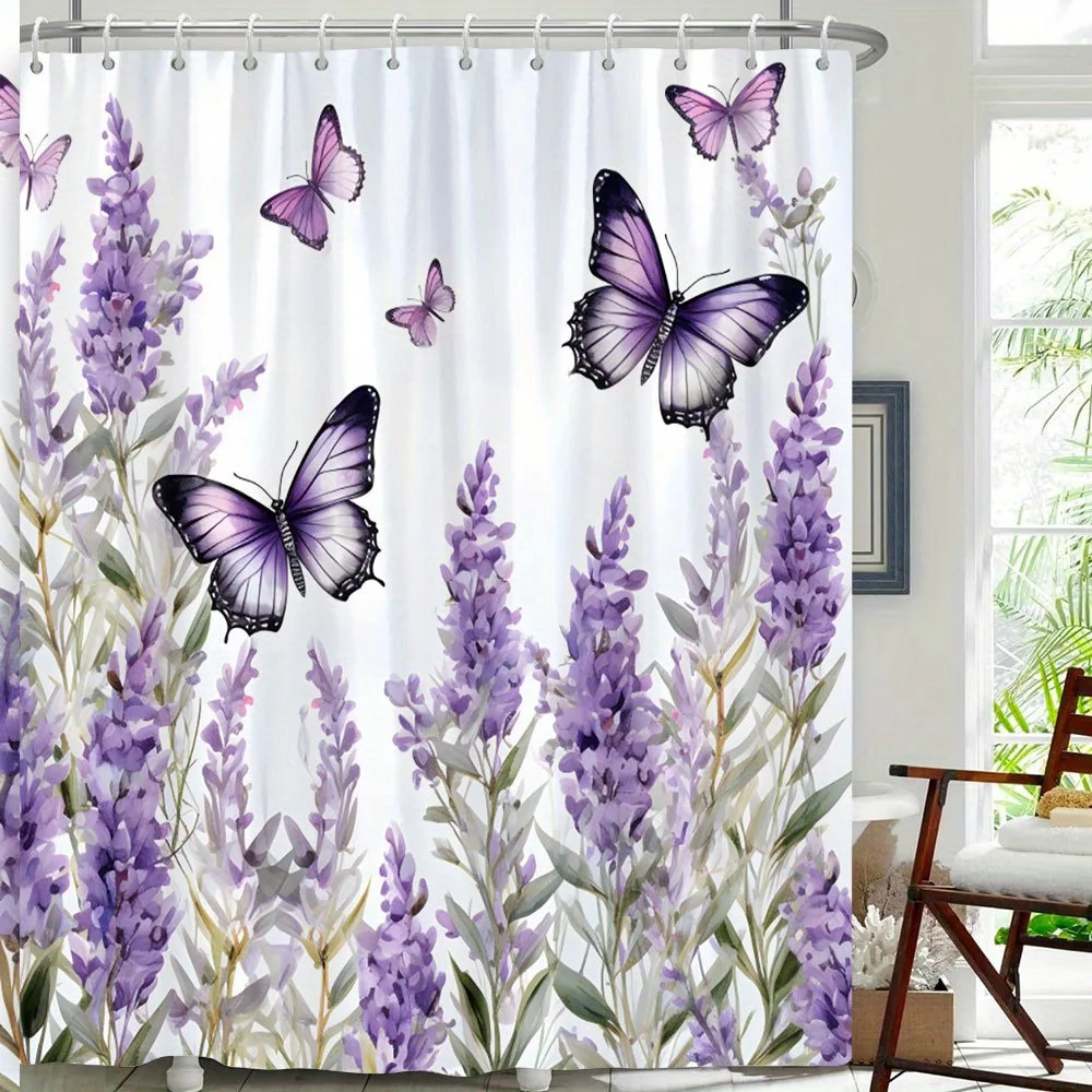 

1 шт., занавеска для душа в акварельном стиле с цветами лаванды и фиолетовой бабочкой, полиэфирная ткань, подходит для ванной комнаты