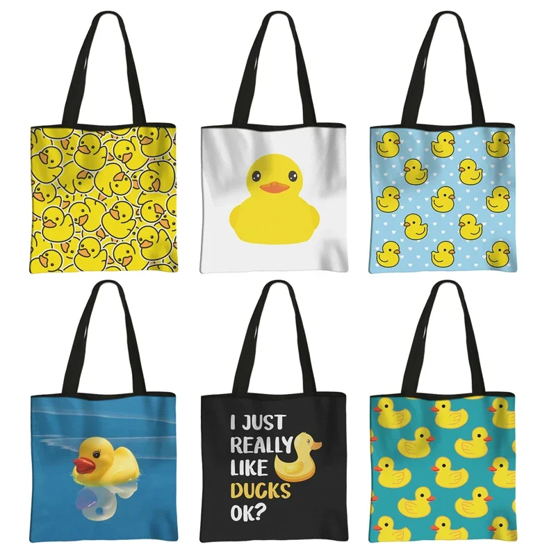 Cartoon Yellow Duck Tote Bags Rubber Duck Pattern Women Handbag Shoulder Bags Reusable Shopping Bag Large Capacity Storage Bag