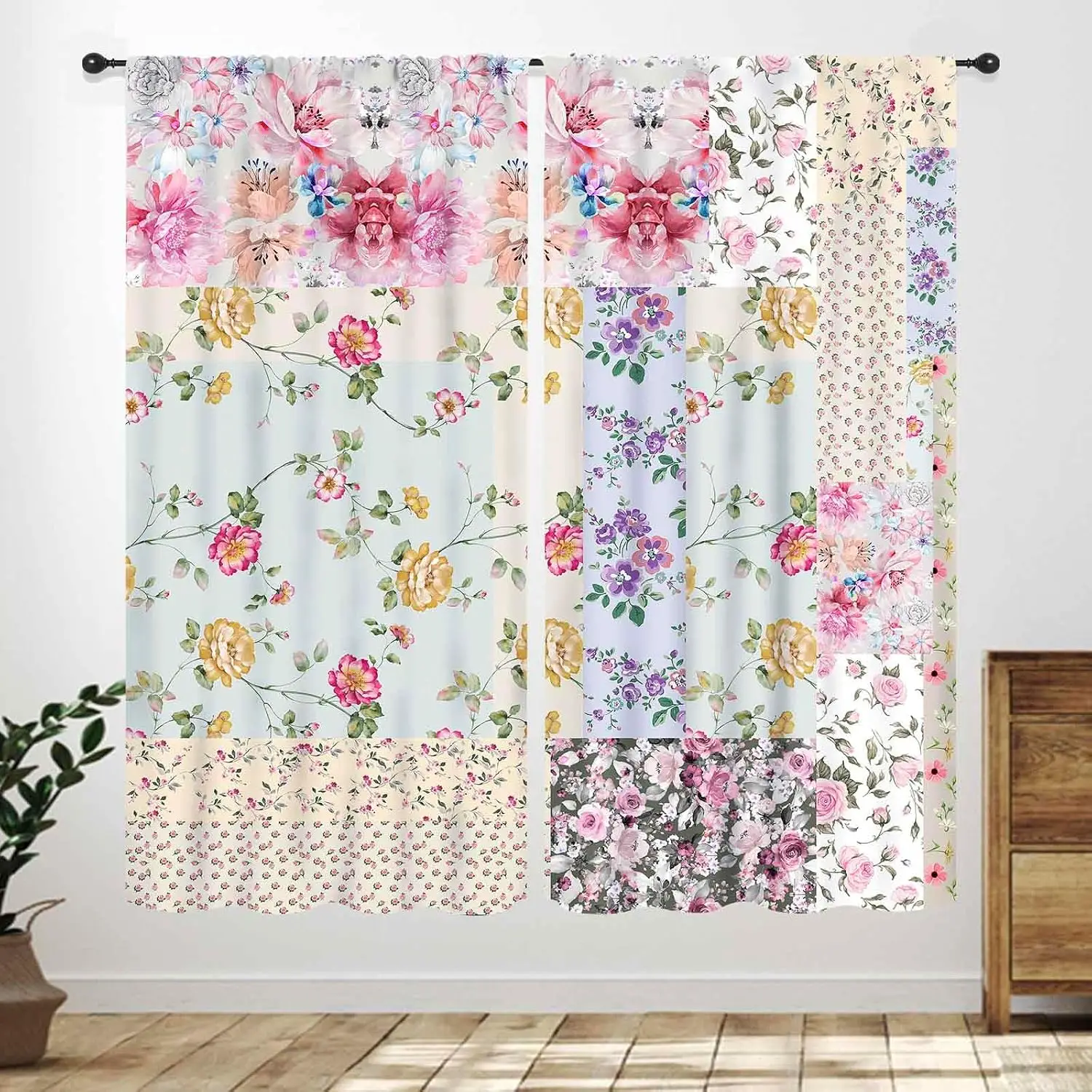 Vintage Patch Floral Curtain 2 Panels, Mixed Peony Tiny Flower Spliced Panel Allover Light Print,Curtains Lounge Kitchen Curtain