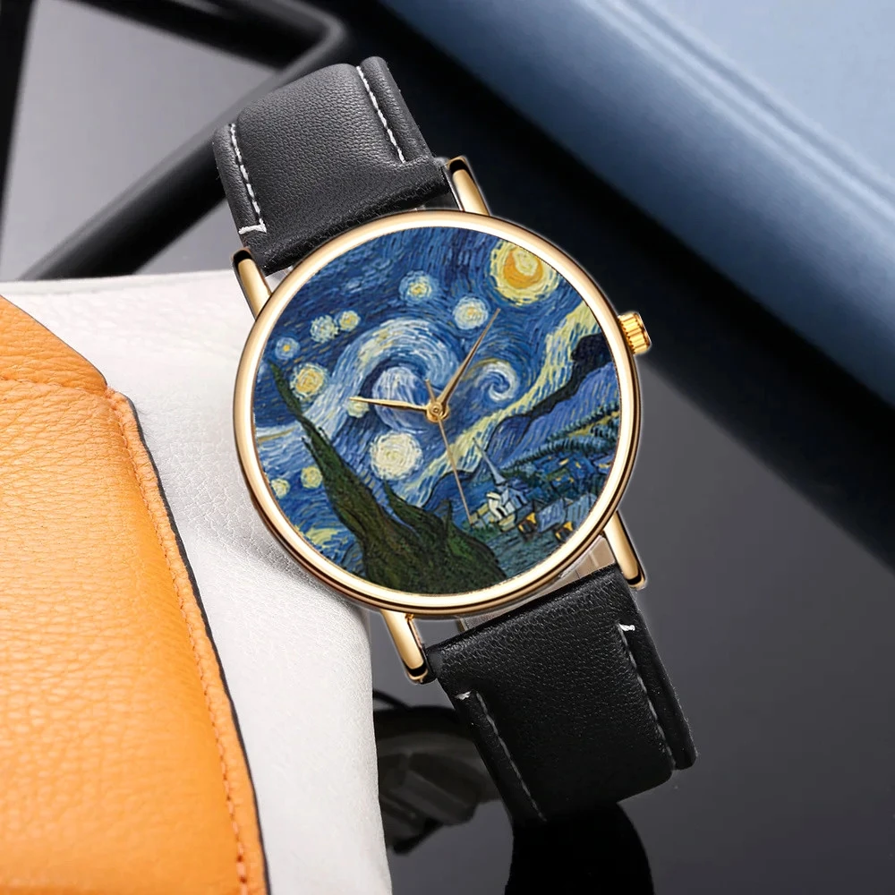 

Новые модные женские часы, лучший бренд Van Gogh's Starry Sky, мужские часы, повседневные кварцевые часы с кожаным ремешком, подарок, Reloj Mujer Hombre