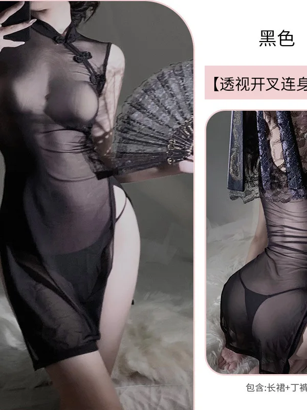 속옷 섹시한 얇은 Qipao 클래식 유니폼 투명 드레스 우아한 스탠드 칼라 블랙 하이 슬릿 드레스 밑단 민소매 QBC4