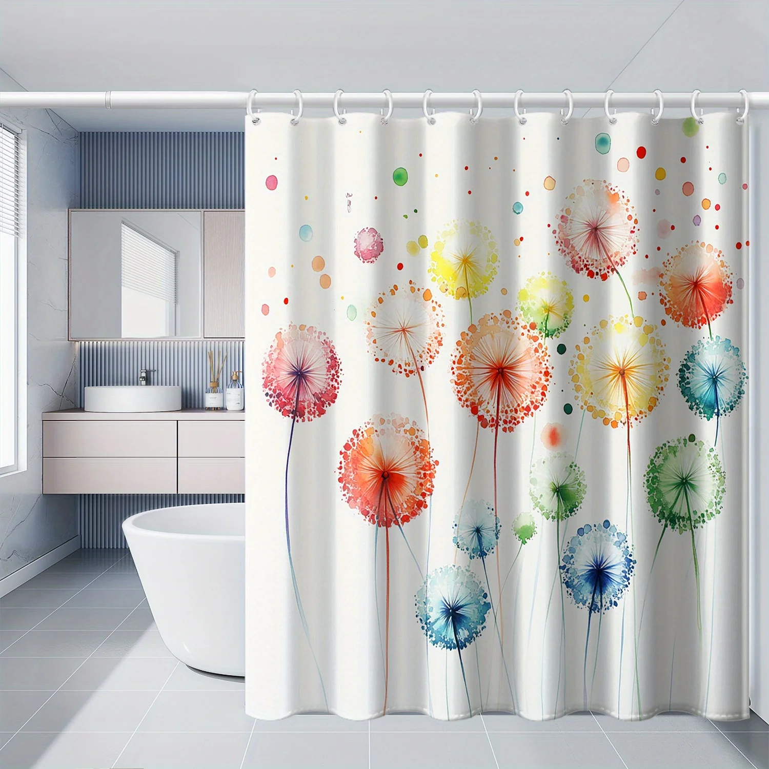 colorful watercolor dandelion print shower curtain dreamy spring vibe with plastic hooks Enhance spatial aesthetics Quick Setup