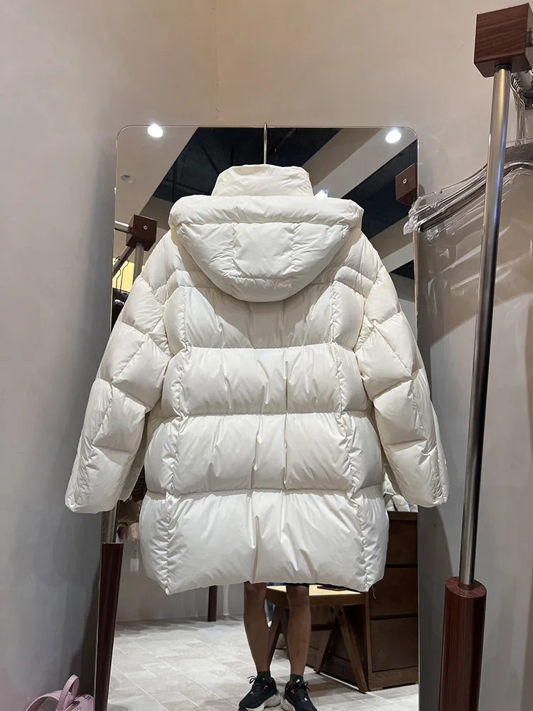 النسخة الكورية مقنعين الرباط سميكة أسفل سترة 2025 شتاء جديد إمرأة متوسطة إلى طويل الأبيض بطة أسفل معطف العصرية #6