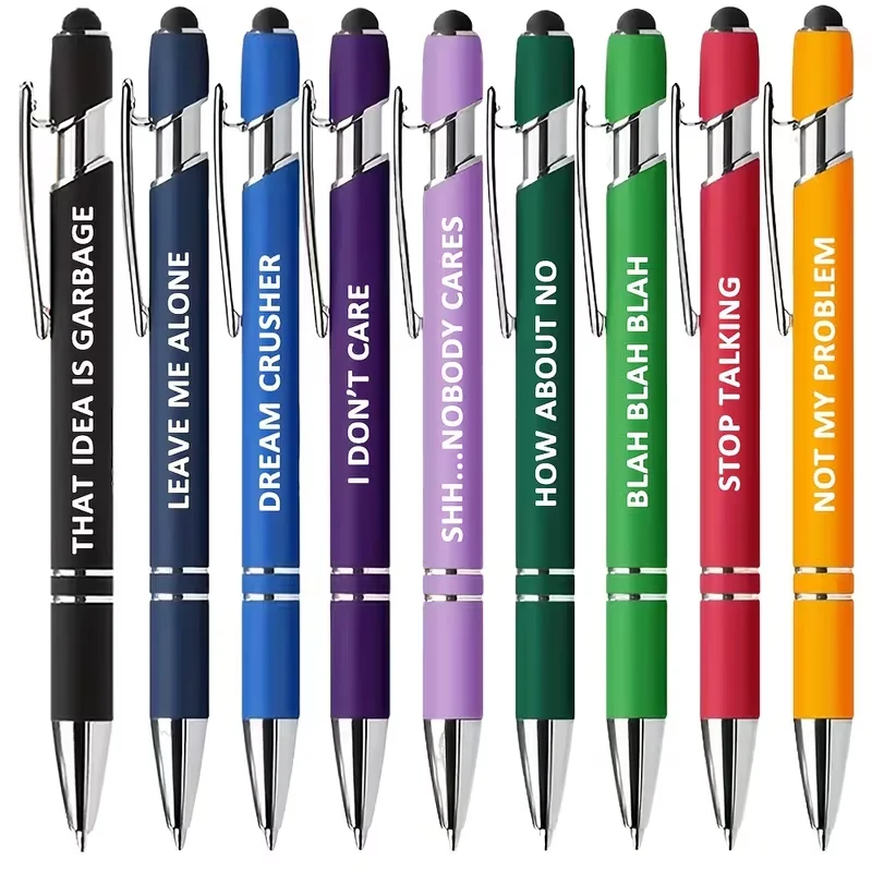 9-pack of humorous and negative quotes ballpoint pens, black ink, with touch screen function on the tip