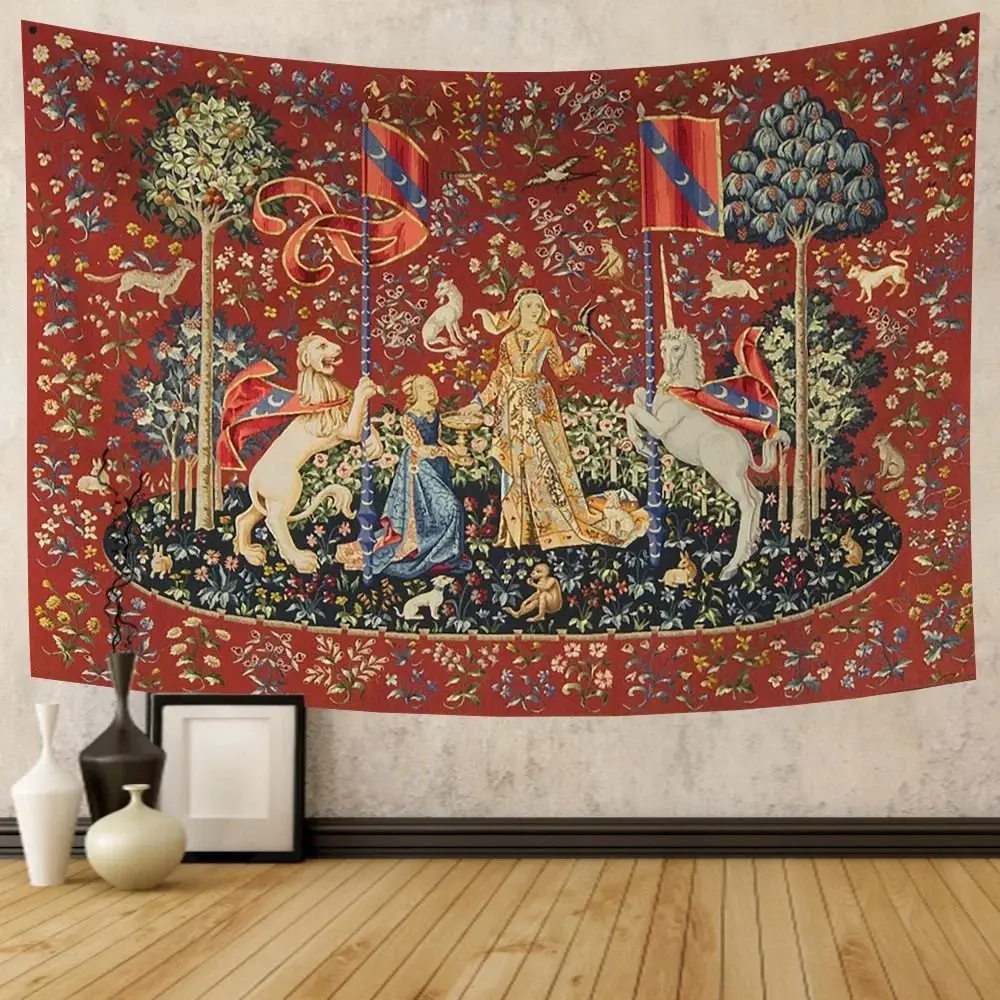VIKAMA Mittelalterlicher Mythischer Wandteppich Vintage Einhorn-Löwen-Muster Wandbehang Kunstdekoration für Schlafzimmer Wohnzimmer Spielzimmer