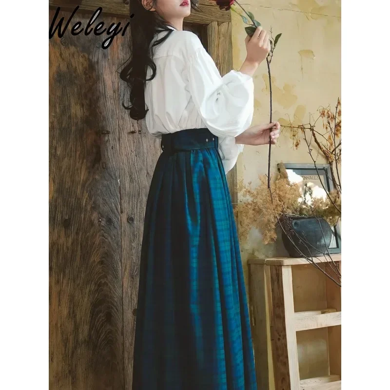 

Princess Elegant Women's Plaid Long Skirt 2024 Spring New Retro Preppy Style High Waist Lace Up Pleated Skirts for Women Faldas