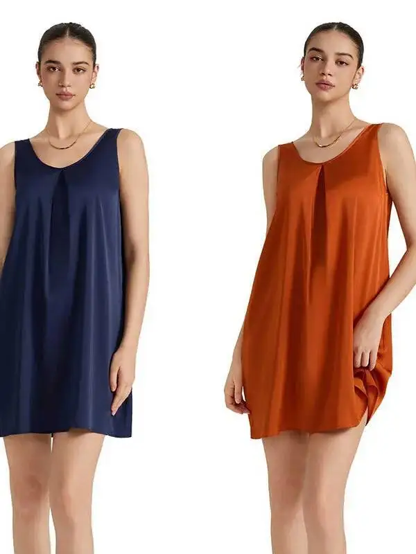 新しい女性の夏のノースリーブベストサテンシフォン V ネック寝間着魅力的なカジュアルホームウェア女性無地ドレスエレガント 63D8