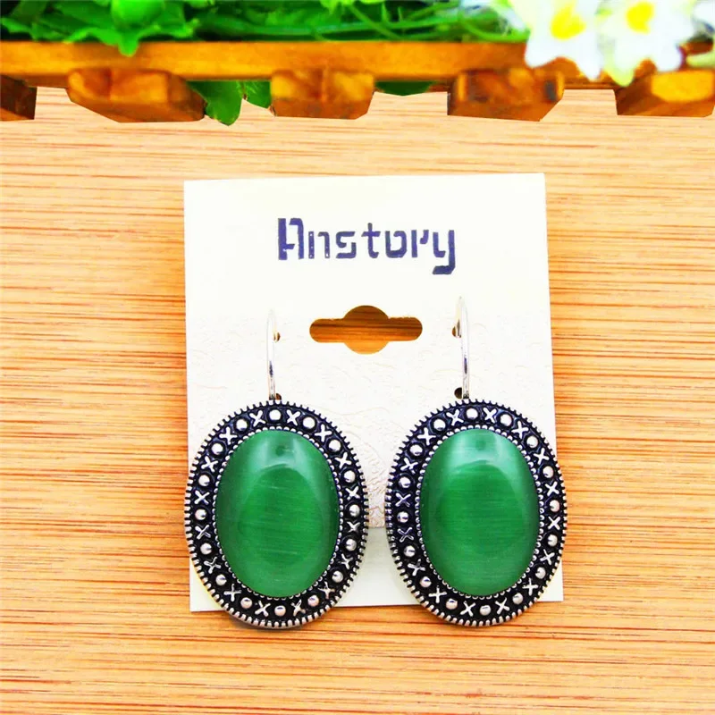 3 Colors Oval Opal Earrings Vintage Pendant Earrings For Women Antique Silver Plated Stone Fashion Jewelry