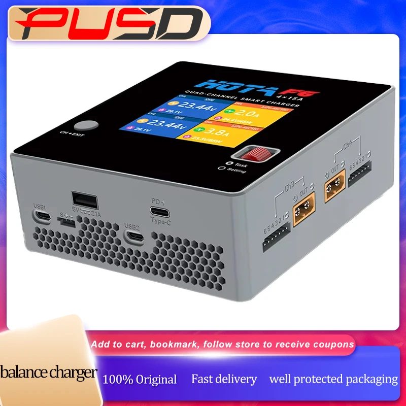 HOTA F6 QUAD-CHANNEL SMART Charger DC1000W 4*15A for Lipo LiIon NiMH Lipo Battery Balance Charger Discharger with USB 45W Type-C