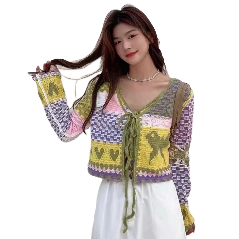 Cardigan con lacci sul davanti aperto a maniche lunghe da donna autunno Colorblock Plaid Heart Hollow Crochet Knit camicie larghe Crop Top