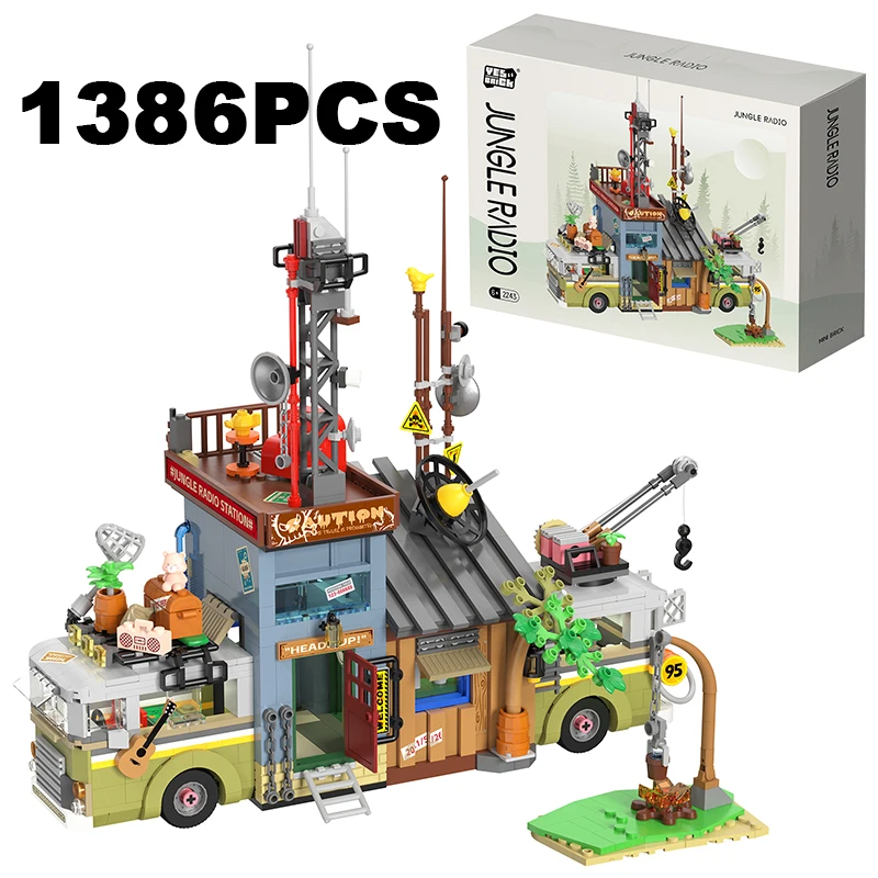

Креативные строительные блоки для радиостанции в джунглях, автомобиль для кемпинга, приключенческая модель автомобиля, сборные кирпичи, игрушки, подарки для детей, девочек и взрослых