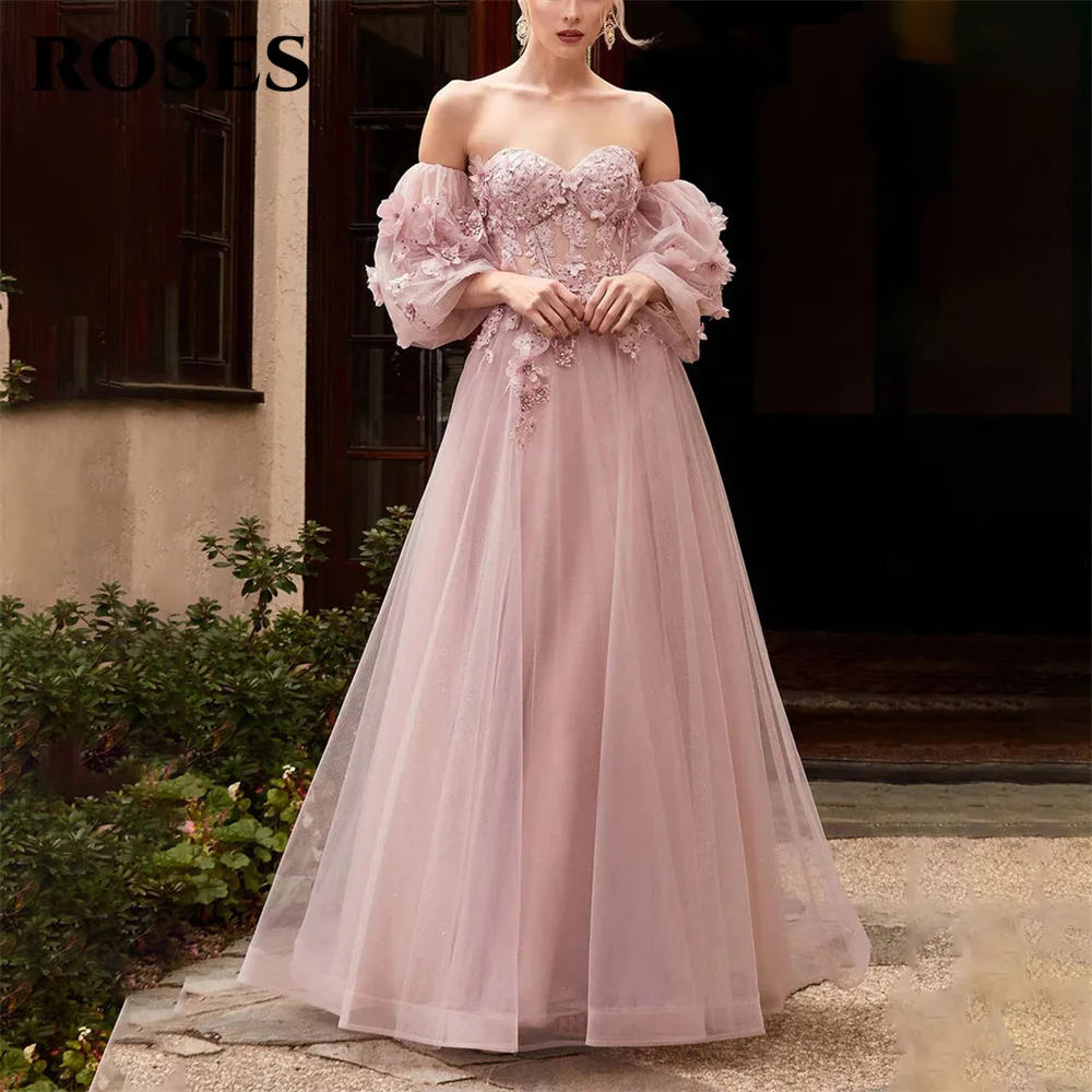 Rose 3D Flowers Sweetheart Wedding Darty Dress Blush Pink Tulle Princess Prom Dresses Appliques Off the Shoulder muslimex squars