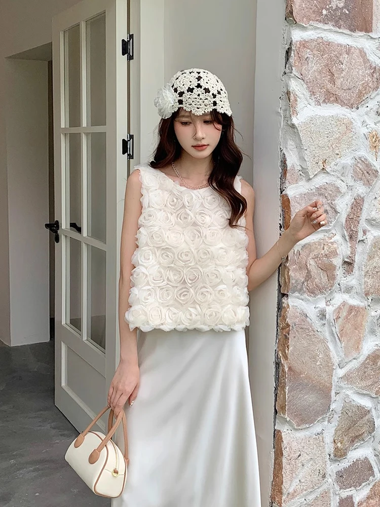 

Romantic Rose Flower Loose Women's Tank Top Ele 3D Design Versatile Summer New Sle Korean Sle round Ne Svel