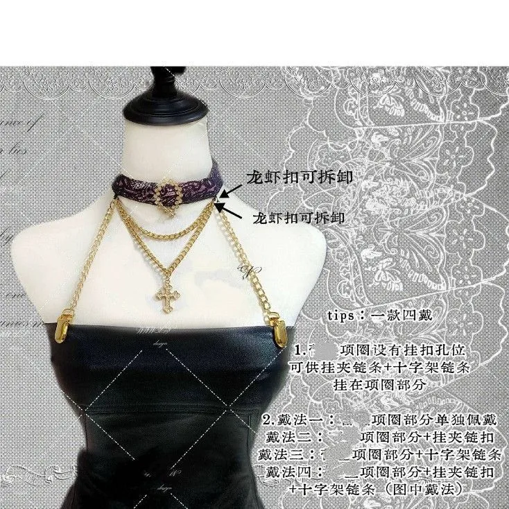 Y2k Style Choker Cross Pendant Lace Necklace Adjustable Detachable Clasp Collar Necklace Purple Metallic Gold Chain Choker