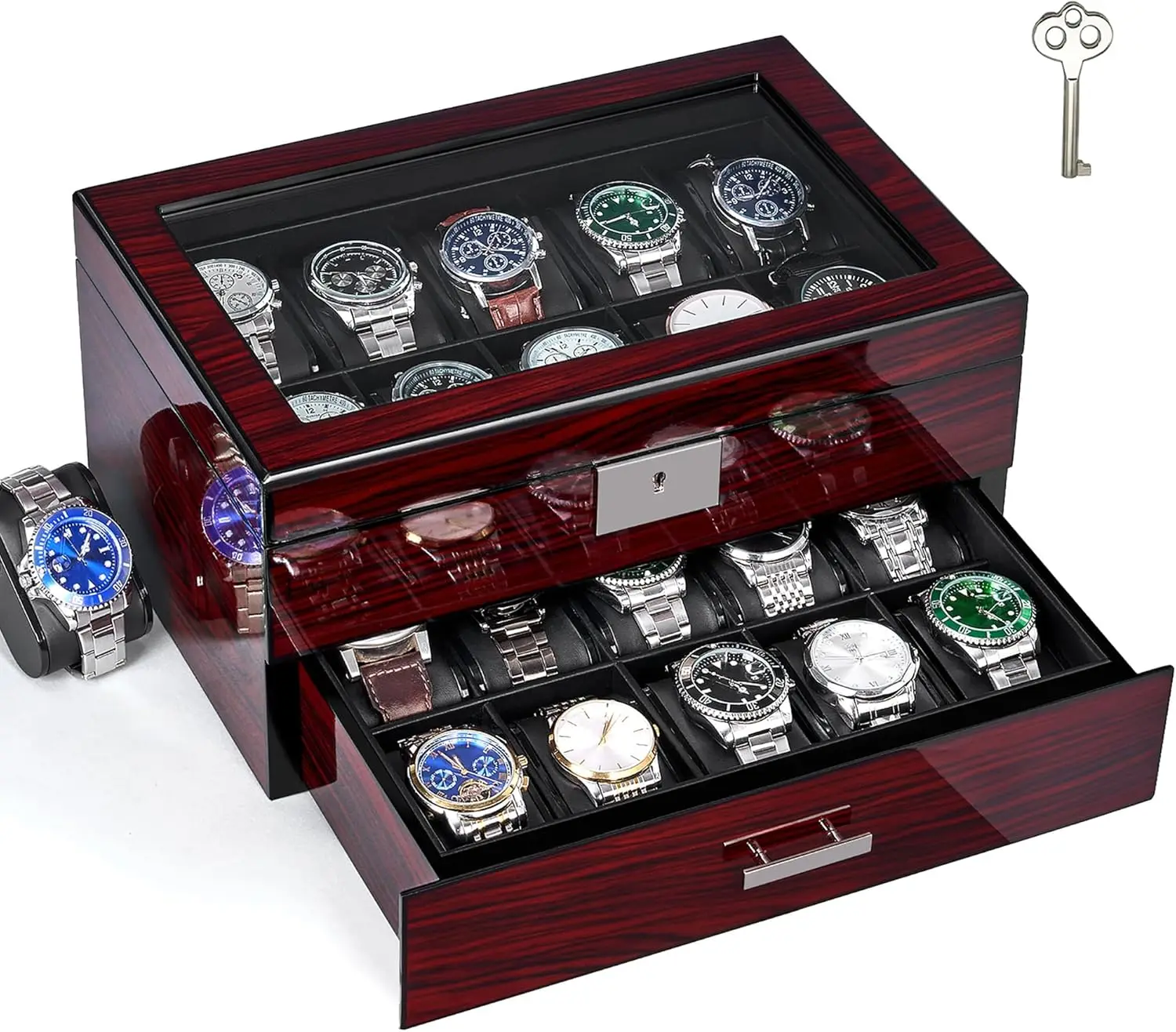20 Slot Watch Case with Glass Lid, Lockable Wooden Organizer for Men and Women Display