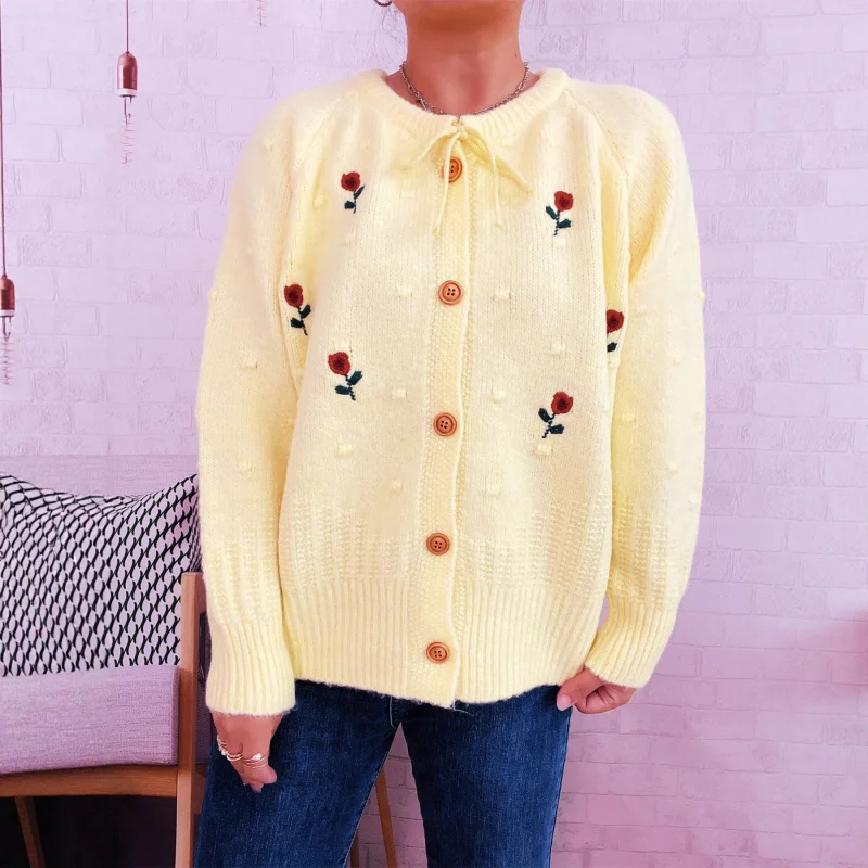 가을 겨울 꽃 자수 보타이 니트 가디건 싱글 브레스티드 스웨터 코트 여성용