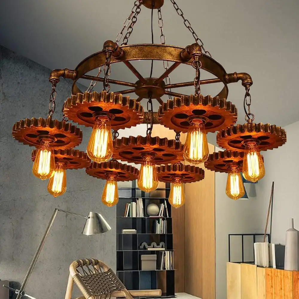 Lampadario industriale, lampada a sospensione rustica in stile Steampunk vintage a 9 luci, apparecchio di illuminazione a sospensione a soffitto in metallo per Resta