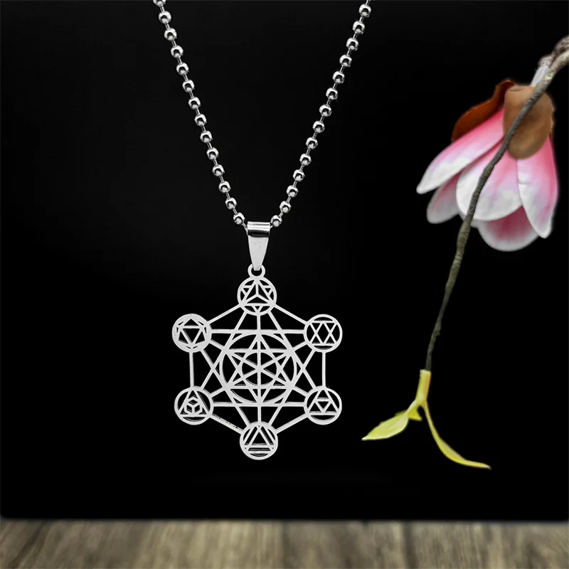 Large Archangel Metatron Cube Geometry Necklace for Women Men Stainless Steel Silver Color Flower of Life Chain Jewelry collar