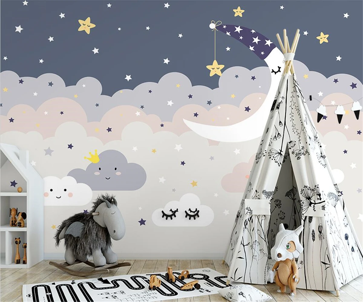 Hand drawn 3D starry sky, cloud, and moon wallpaper with customizable sizes for pink and blue children's room decorations mural