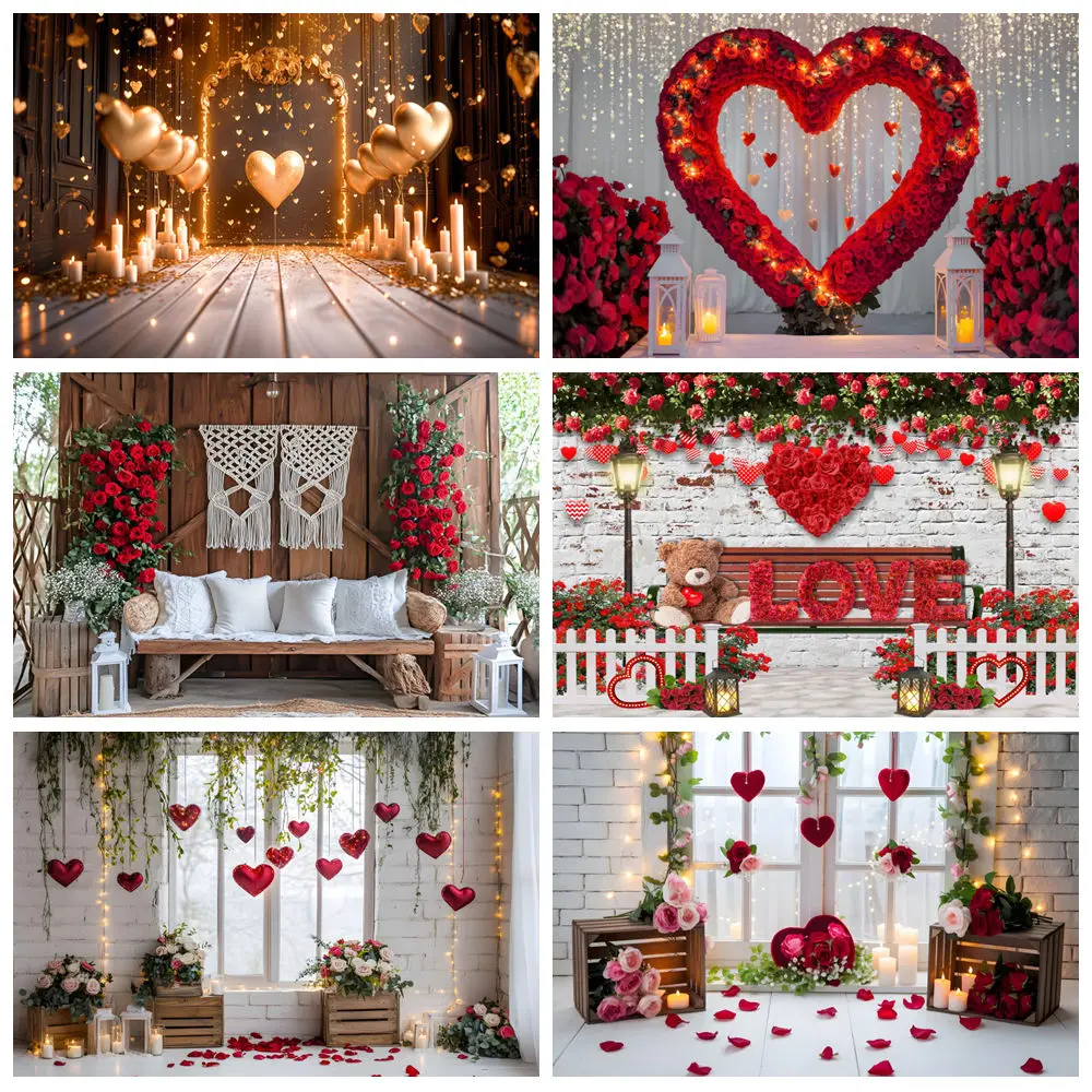 

Valentine's Day Backdrop For Photography Window Flower Red Love Heart Balloons February 14 Wedding Party Background Photo Studio