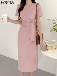 Fashion Women Summer Shirt Dress 2023 VONDA Waist Pleated Bandage Dress Elegant Sundress Casual Solid Color Midi Robe Vestidos