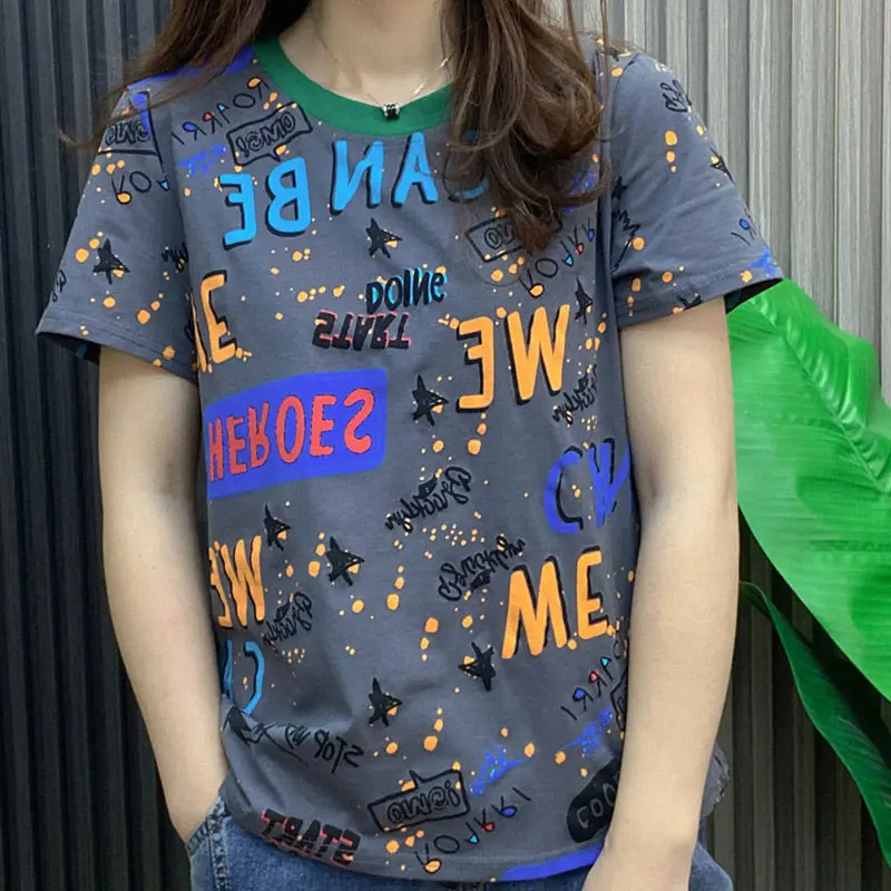 APIPEE Cotton T-shirt 2024 Summer New Short-sleeved Printed Letters Round Neck Stitching Small Shirt Top Ins Women's Clothing