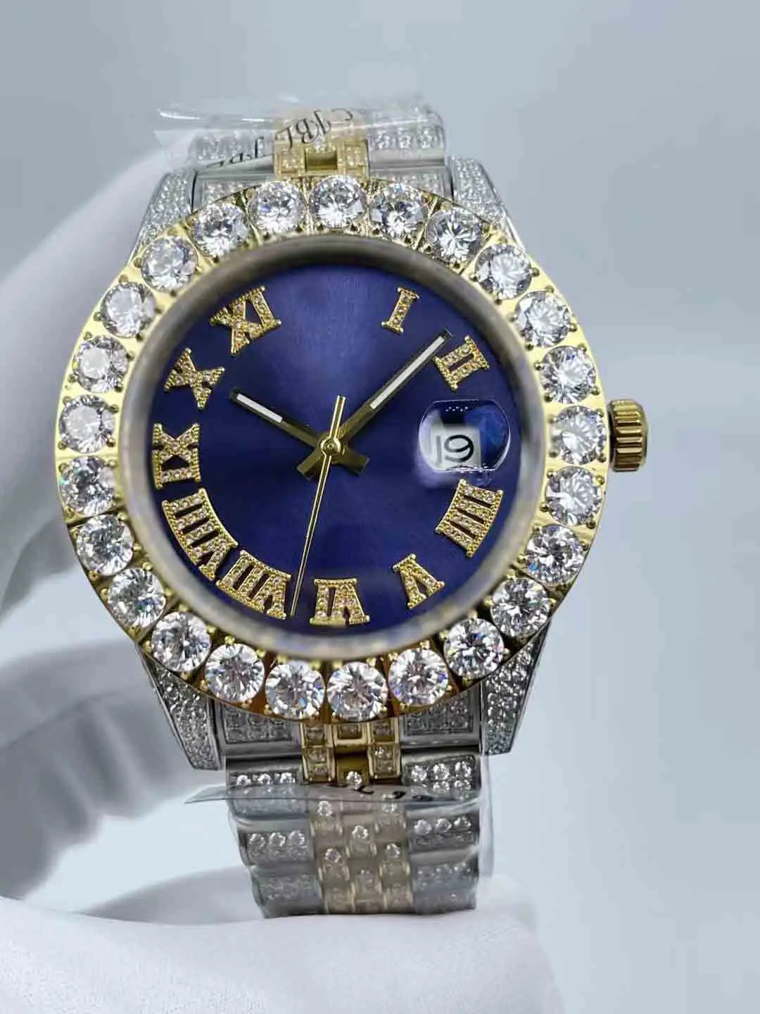 Men's Diamond Watch - Full Diamond Roman Face, Waterproof Calendar Window, Precision Steel Strap