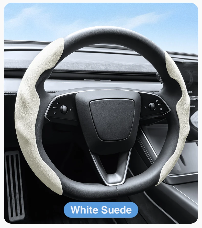 Heenvn Nappa Lenkradbezug für Tesla Model 3/Y 2017-2026 Auto-Lenkradschutz aus Wildleder Rutschfest Atmungsaktiv Zubehör – Detail 10