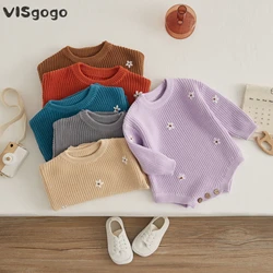 VISgogo 0-24M Baby Boys Girls Sweater Rompers Fall Winter Clothes Flower Embroidery Crew Neck Long Sleeve Knit Bodysuits