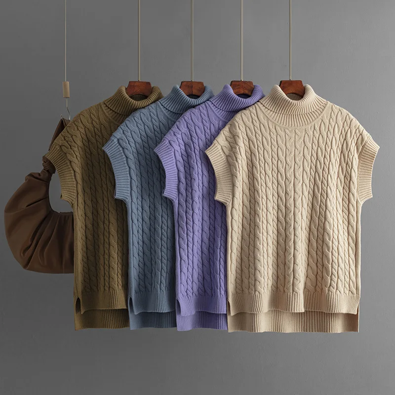 

Autumn Winter New Fashion Women's Solid Color Casual Trendy Elegant Slim Turtleneck Sleeveless Knitted Sweater Pullovers Female