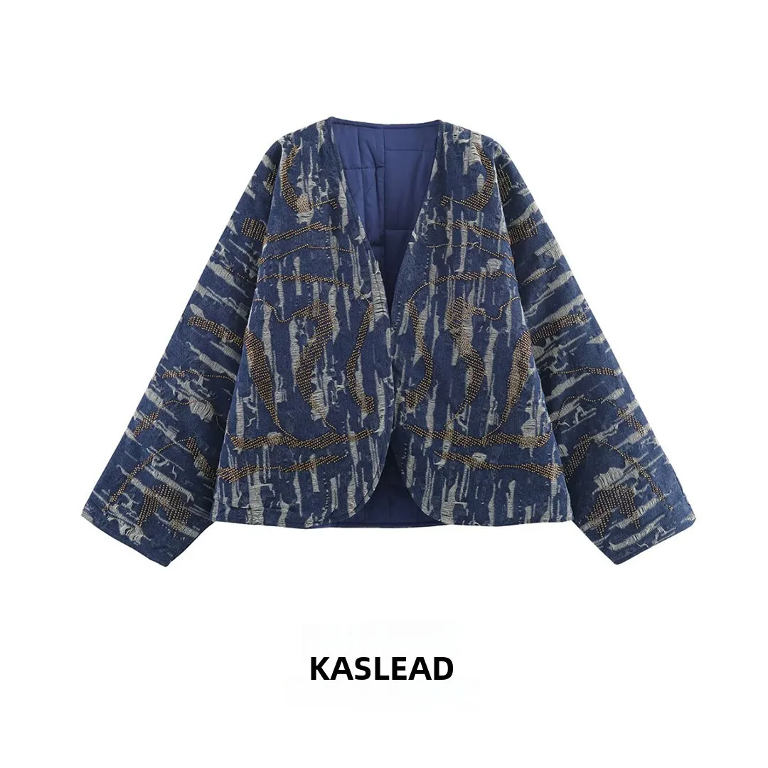 

KASLEAD новое женское джинсовое хлопковое кимоно с эффектом джинса, длинное платье из бисера, V-Ne, застежка на пуговицы с геометрическим узором