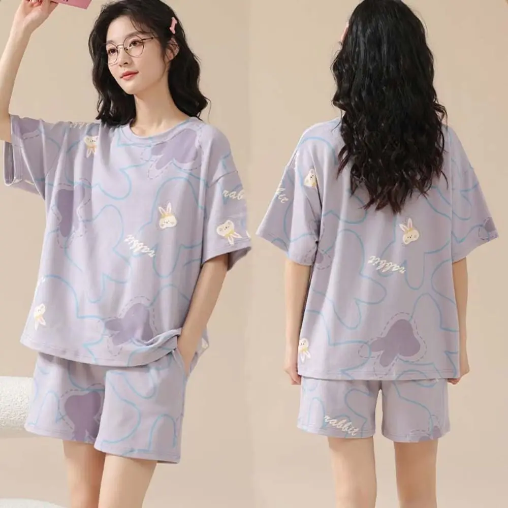 

Fashion Flower Cotton Shorts Pajamas Set Thin Bear Rabbit Cartoon Cotton Pajamas Loose Short Sleeve Women Nightwear Suit Gifts