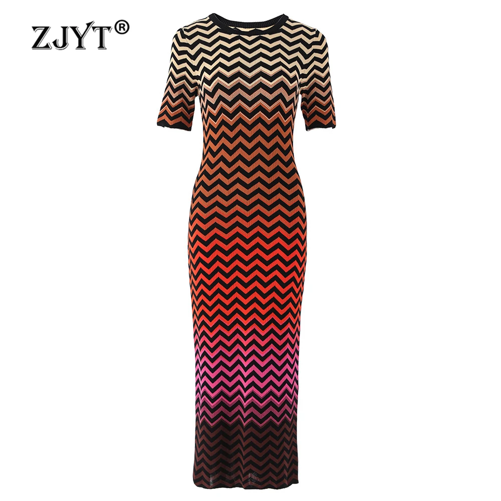 ZJYT Summer Striped Midi Knit Sweater Dresses Women Elegant Short Sleeve Retro Fashion Holiday Casual Straight Dress Party New