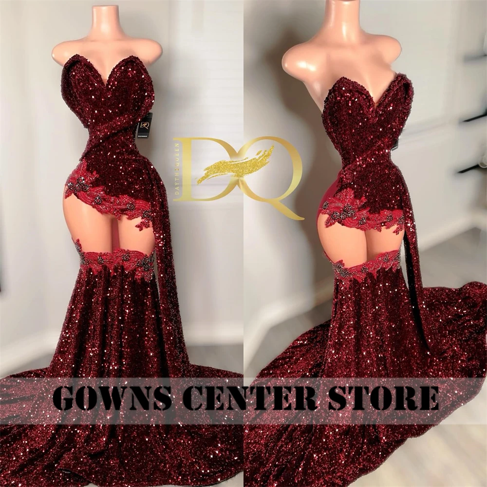 Robes de Rhsirène en velours bordeaux pour filles noires, robe de cocktail perlée, paillettes transparentes, cristal, luxe, anniversaire, 2024