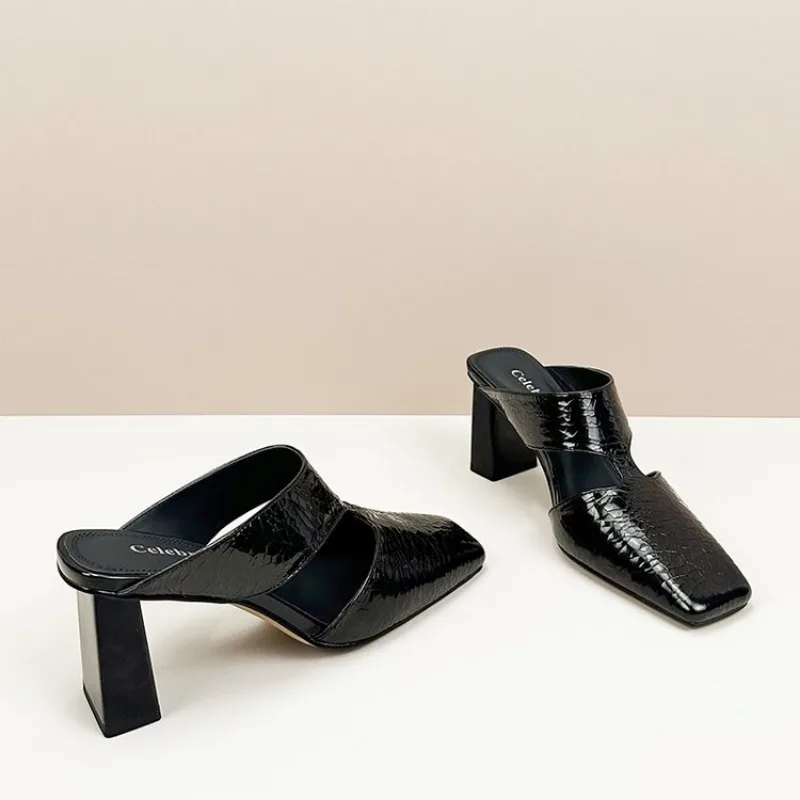 2026 Summer new Women's Sandals natural leather  Cracked cowhide sheepskin square toe mules high heel women Shoes