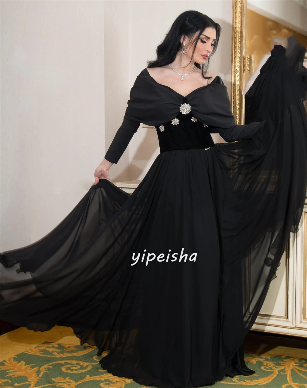 Robe trapèze en mousseline de soie plissée à paillettes, robes longues à épaules dénudées, mode de style chinois classique, haute qualité, assortie, exquise