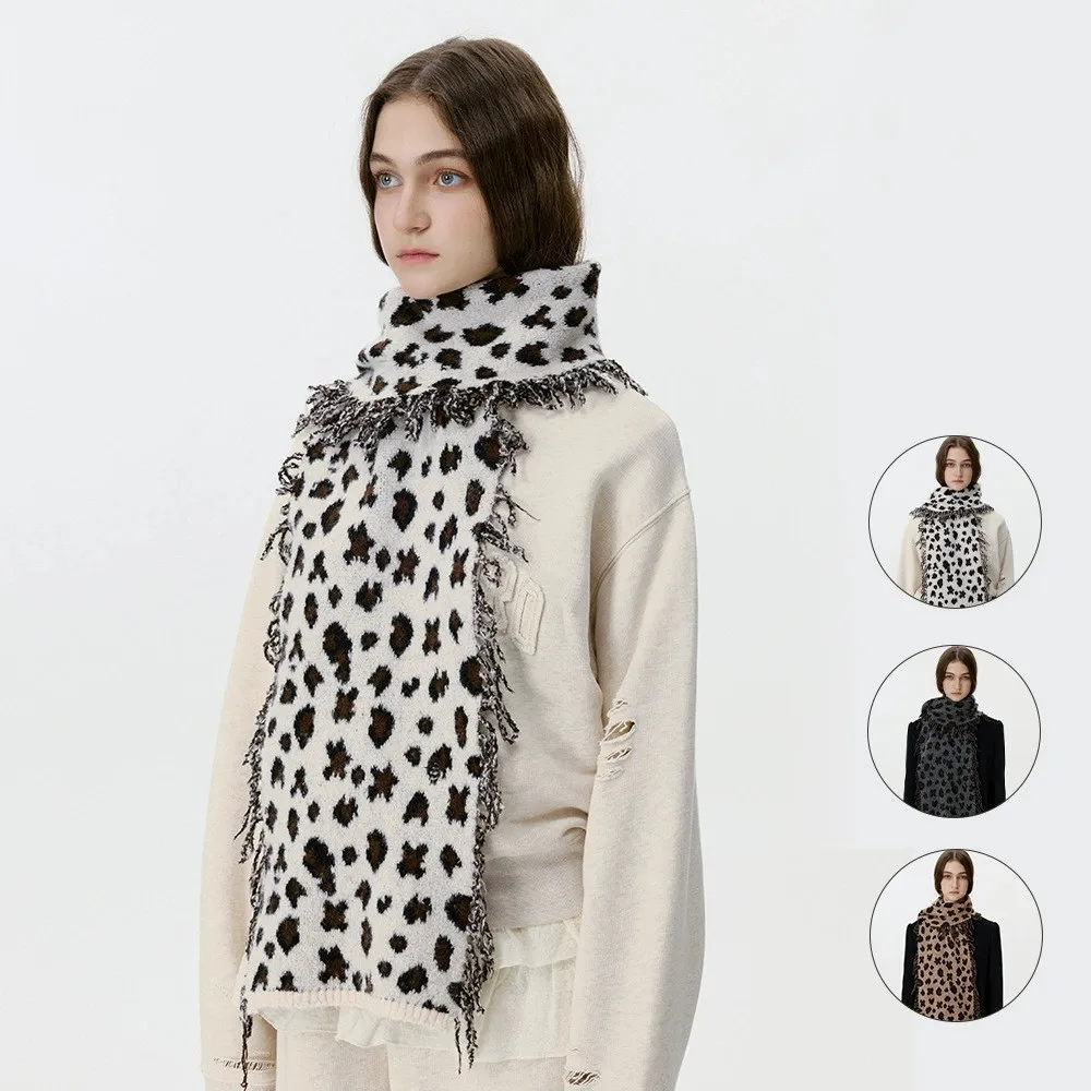 European Leopard Women Woolen Blended Scarf Winter Pashmina Shawls Thick Warm Wraps Scarves Knit Lady Warm Bufanda