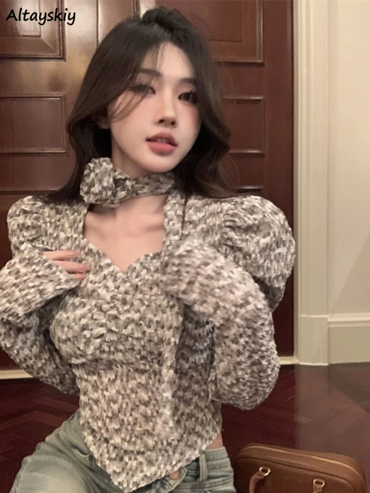 

Flower Halter Blouses Women Puff Sleeve Vintage Stylish Autumn Clothes French Elegant Slim Chic Ladies New Style Cropped Tops