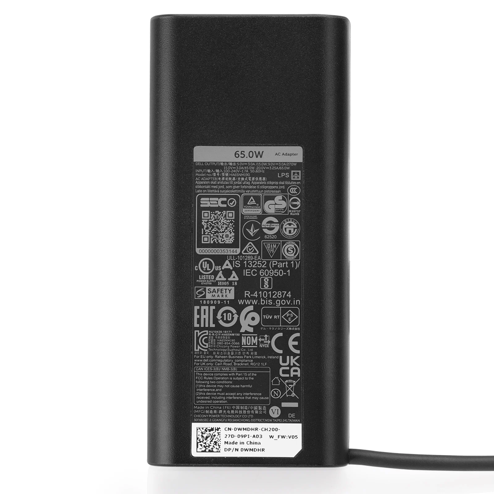 Laptop Charger 65W 20V 3.25A Type-C Adapter Charger LA65NM190 LPS For Dell LA65NM170 2YKOF 02YKOF XPS 12 9250 Latitude 12 7275